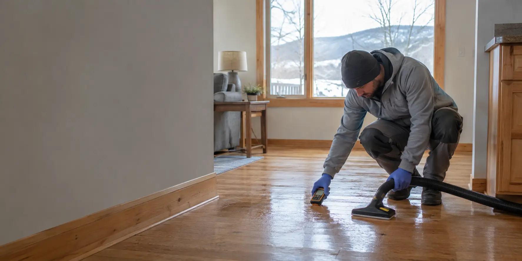 Water damage restoration professional extracting water from a home