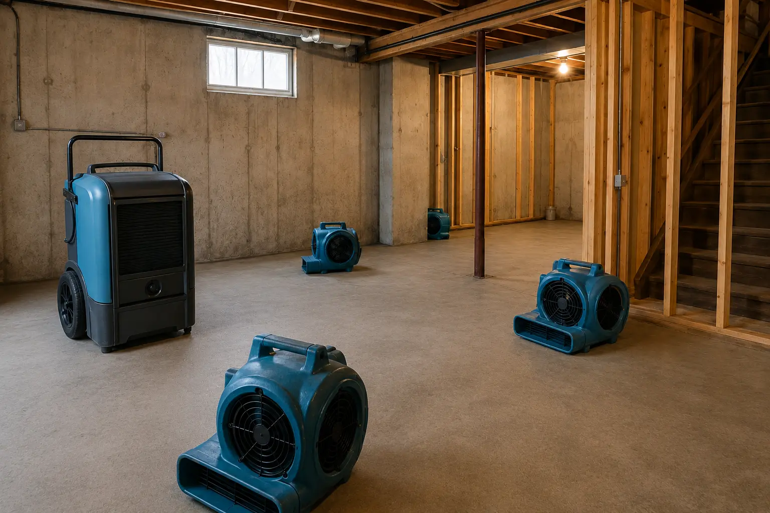 Air movers and dehumidification equipment drying a water-damaged room